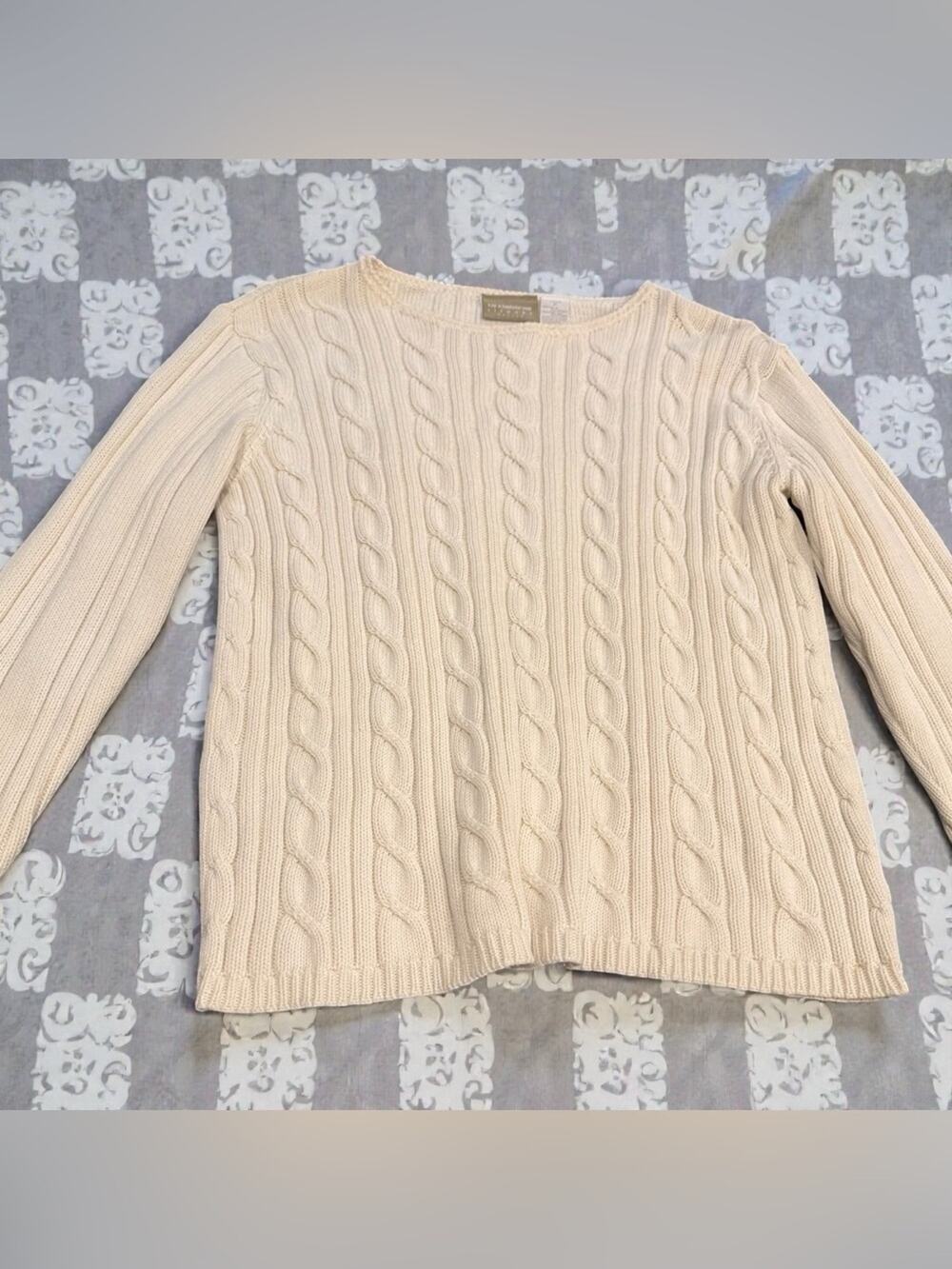 Liz Claiborne Cream Cable-Knit Scoop Sweater PETITE 100% cotton Minimalist XS/S